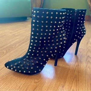 PASSION 2 BLACK VEGAN SUEDE SPIKE STUD POINTY TOE HIGH HEEL ANKLE BOOTS